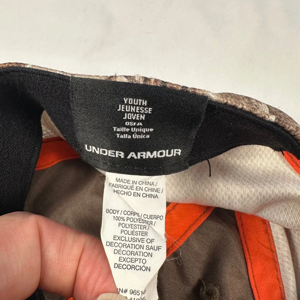 Under Armour Youth Realtree Camo Snapback Hat Orange Logo OSFA Kids Hunting Cap